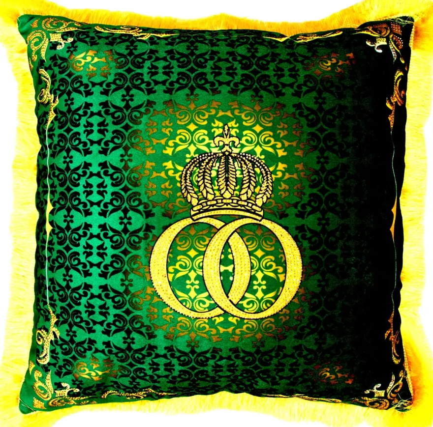 Harald Glööckler Luxus Deko Kissen Pompöös by Casa Padrino Barock Muster Grün / Gold 50 x 50 cm - Glööckler Kissen mit Glitzersteinen