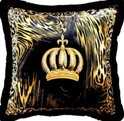 Harald Glööckler Luxus Deko Kissen Pompöös by Casa Padrino Krone & Flammen mit Strass Steinen Schwarz / Gold - Feinster Samtstoff - Glööckler Kissen