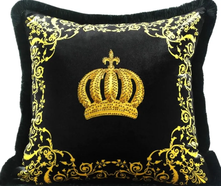 Harald Glööckler Luxus Deko Kissen Pompöös by Casa Padrino Krone Schwarz / Gold - Feinster Samtstoff - Glööckler Kissen mit Strass Steinen