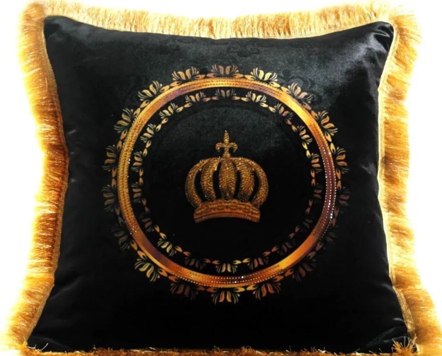 Harald Glööckler Luxus Deko Kissen Pompöös by Casa Padrino Luxus Krone mit Strass Steinen Schwarz / Gold - Feinster Samtstoff - Glööckler Kissen