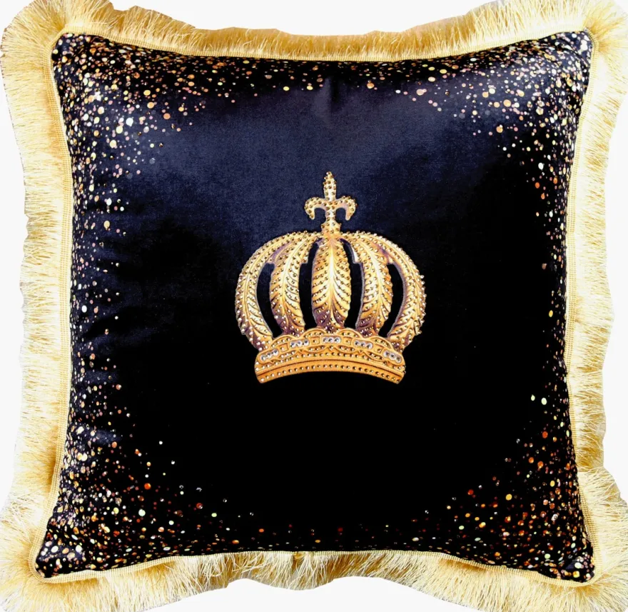 Harald Glööckler Luxus Kissen Pompöös by Casa Padrino Krone Schwarz / Gold - Feinster Samtstoff - Glööckler Deko Kissen mit Strass Steinen