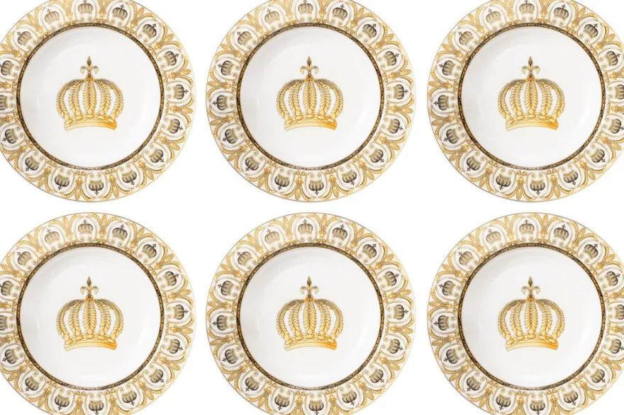 Harald Glööckler Pompöös Porzellan Suppenteller Set mit Krone Weiß / Gold Ø 22,3 x H. 3,7 cm - designed by Harald Glööckler