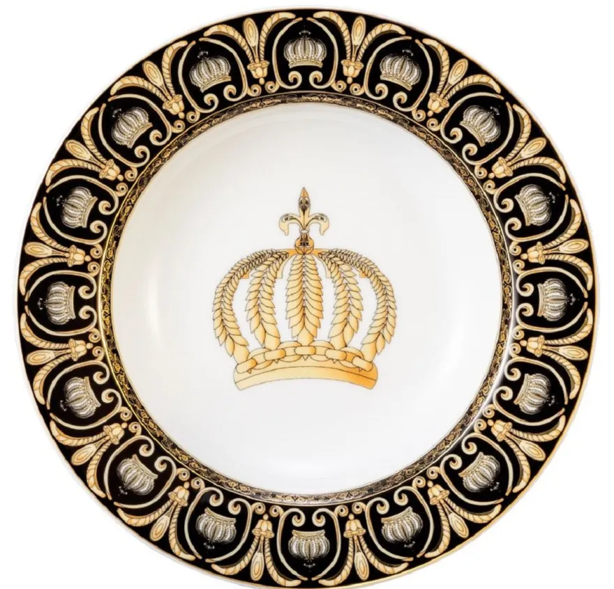 Harald Glööckler Pompöös Suppenteller mit Krone Weiß / Schwarz / Gold Ø 22,3 x H. 3,7 cm - Runder Porzellan Teller - designed by Harald Glööckler