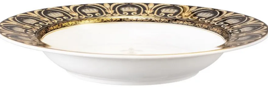 Harald Glööckler Pompöös Suppenteller mit Krone Weiß / Schwarz / Gold Ø 22,3 x H. 3,7 cm - Runder Porzellan Teller - designed by Harald Glööckler