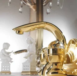 Luxus Bad Zubehör - Jugendstil Retro Waschtisch Armatur Einlochbatterie Gold Serie Cristallo - Made in Italy