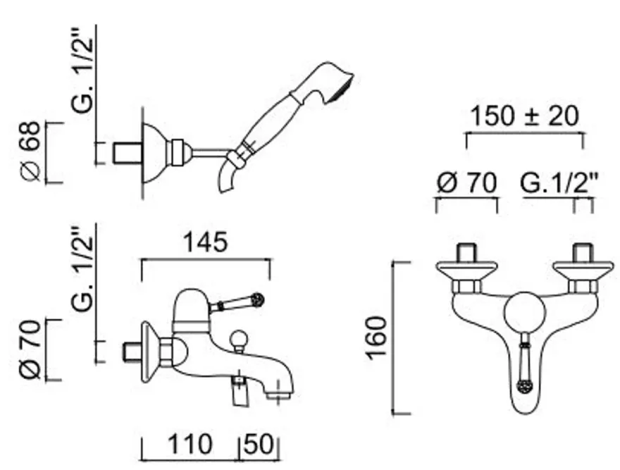 Luxus Dusch Aufputz-Einhebelmischer mit Duplex Brauseset Silber - Luxus Qualität Made in Italy