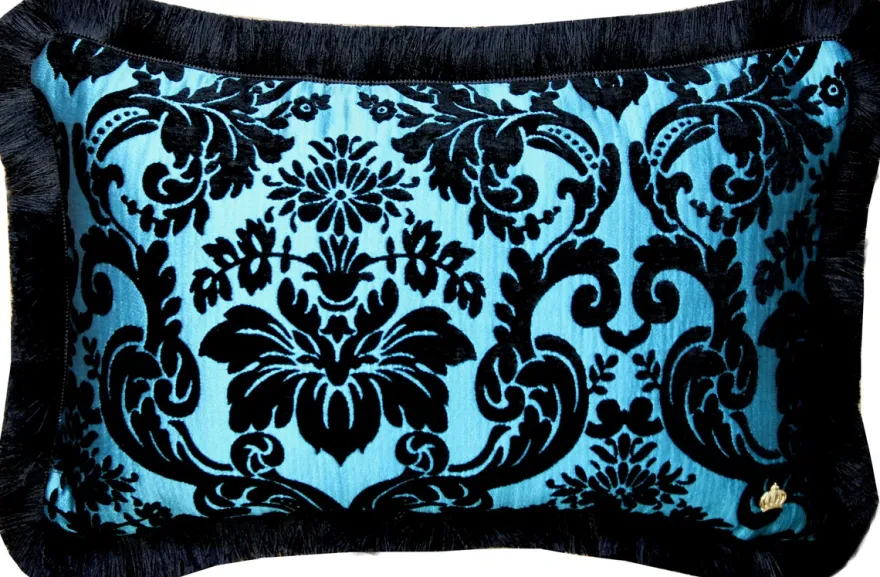 Luxus Kissen Pompöös by Casa Padrino von Harald Glööckler Elegance Collection Barock Muster Schwarz / Türkis 35 x 55 cm - Luxuskissen