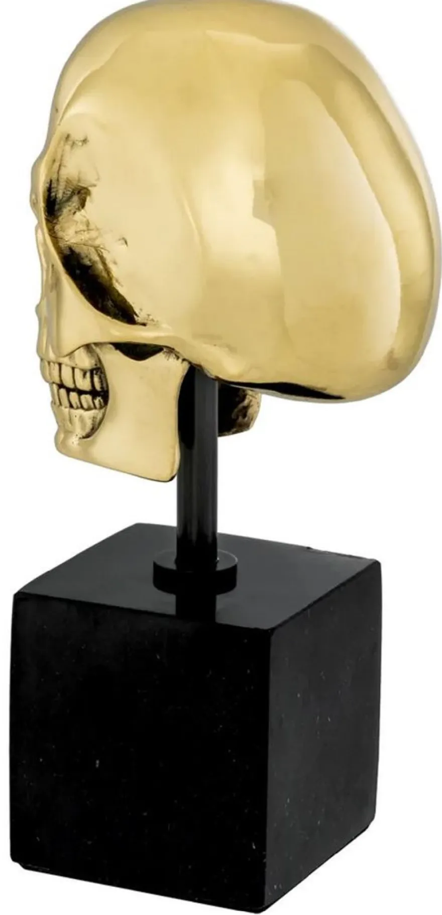 Philipp Plein Luxus Designer Deko Totenkopf Gold / Schwarz H. 20cm - Skull Skulptur aus Marmorsockel