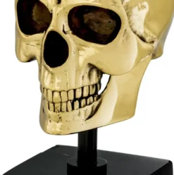Philipp Plein Luxus Designer Deko Totenkopf Gold / Schwarz H. 20cm - Skull Skulptur aus Marmorsockel