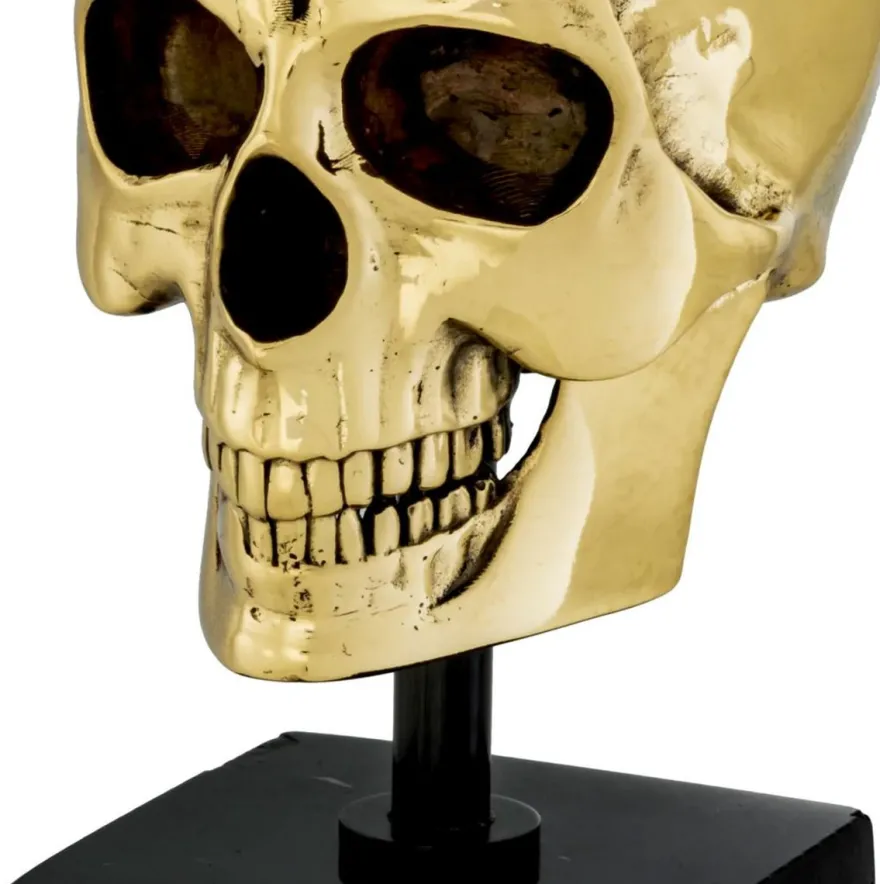 Philipp Plein Luxus Designer Deko Totenkopf Gold / Schwarz H. 20cm - Skull Skulptur aus Marmorsockel