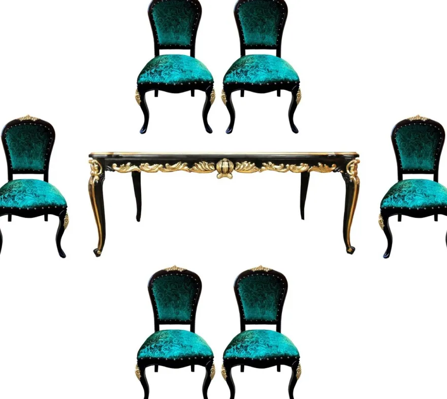 Pompöös by Casa Padrino Barock Luxus Esszimmer Set Grün / Schwarz / Gold - Pompööser Barock Esstisch mit Glasplatte und 6 Barock Esszimmerstühle designed by Harald Glööckler - Barock Möbel