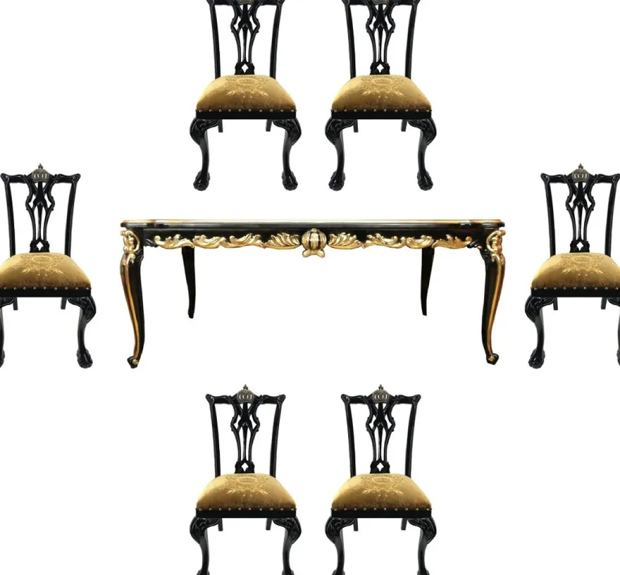 Pompöös by Casa Padrino Barock Luxus Esszimmer Set Gold / Schwarz - Pompööser Barock Esstisch mit Glasplatte und 6 Barock Esszimmerstühle designed by Harald Glööckler - Barock Möbel