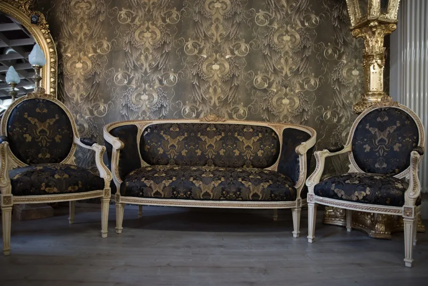 Pompöös by Casa Padrino Barock Wohnzimmer Set Creme / Oliv mit goldenem Muster - Pompööse Barock Wohnzimmermöbel designed by Harald Glööckler