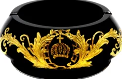Pompöös by Casa Padrino Luxus Aschenbecher mit 24 Karat Vergoldung Schwarz / Gold Ø 15,5 x H. 6,5 cm - Pompööser Glas Aschenbecher designed by Harald Glööckler