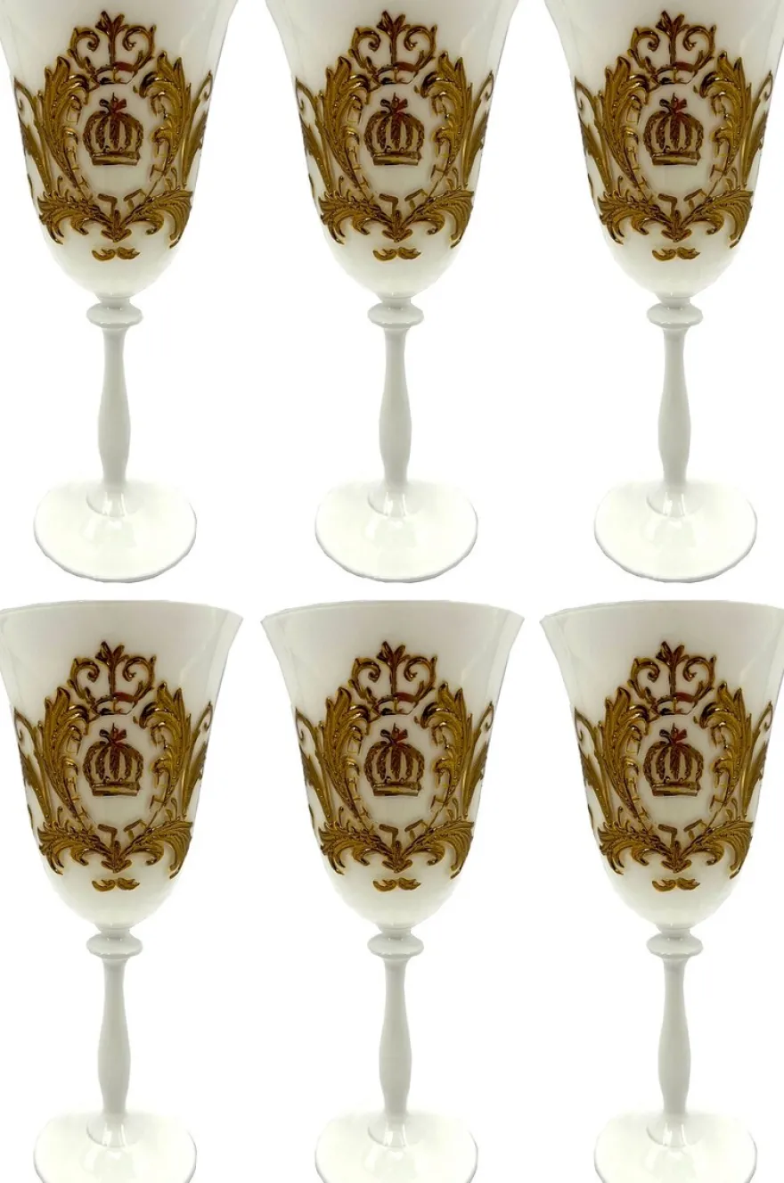 Pompöös by Casa Padrino Luxus Barock Weinglas Set Weß / Gold Ø 8,7 x H. 20,3 cm - Weingläser mit 24 Karat Vergoldung - Pompööse Weingläser designed by Harald Glööckler - Luxus Designer Weingläser