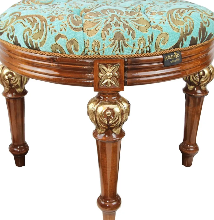 Pompöös by Casa Padrino Luxus Barock Sitzhocker Rund Türkis Muster / Braun Gold - Pompööser Barock Hocker designed by Harald Glööckler