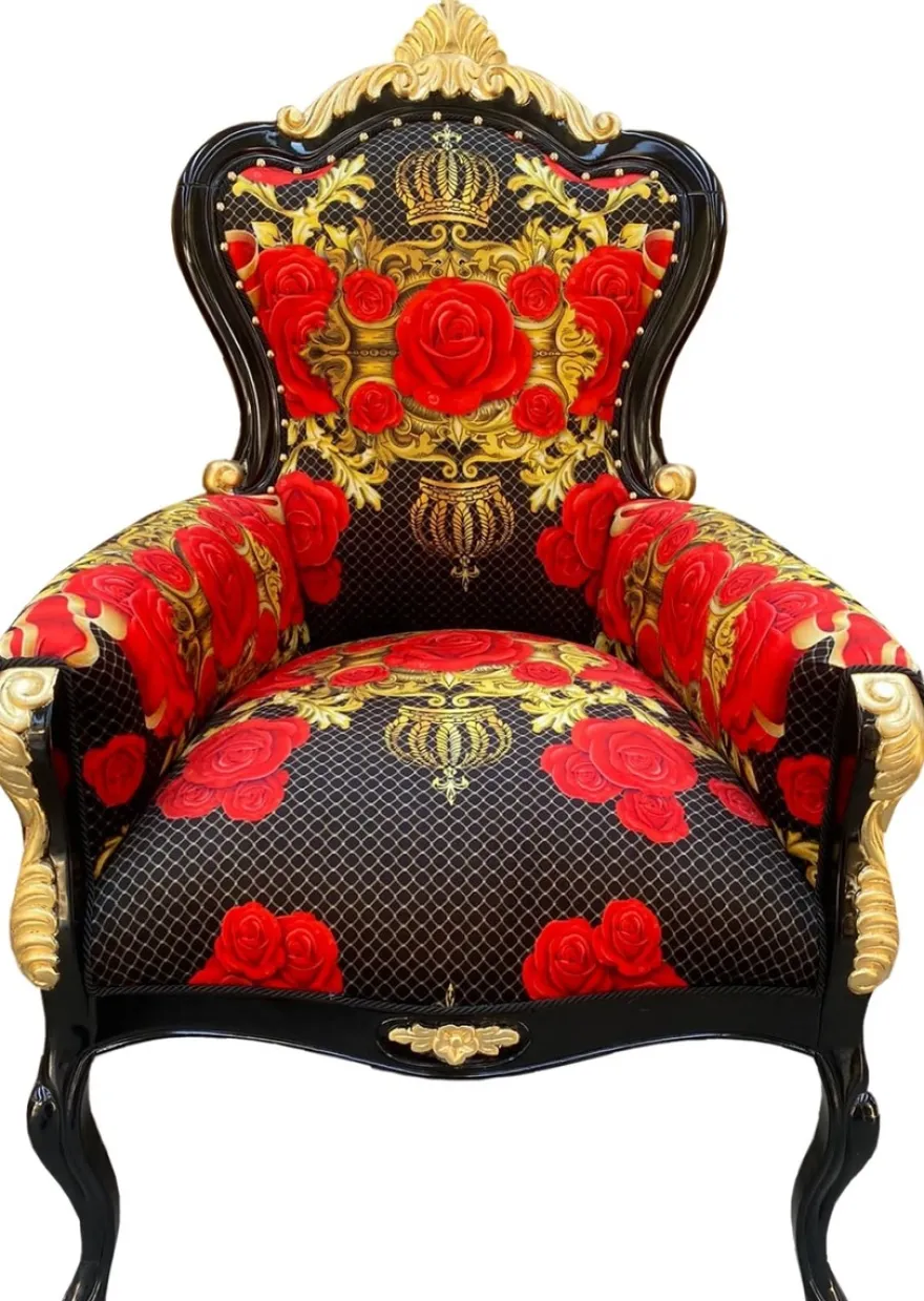 Pompöös by Casa Padrino Luxus Barock Sessel Rosen Schwarz / Rot / Gold - Pompööser Barock Sessel designed by Harald Glööckler