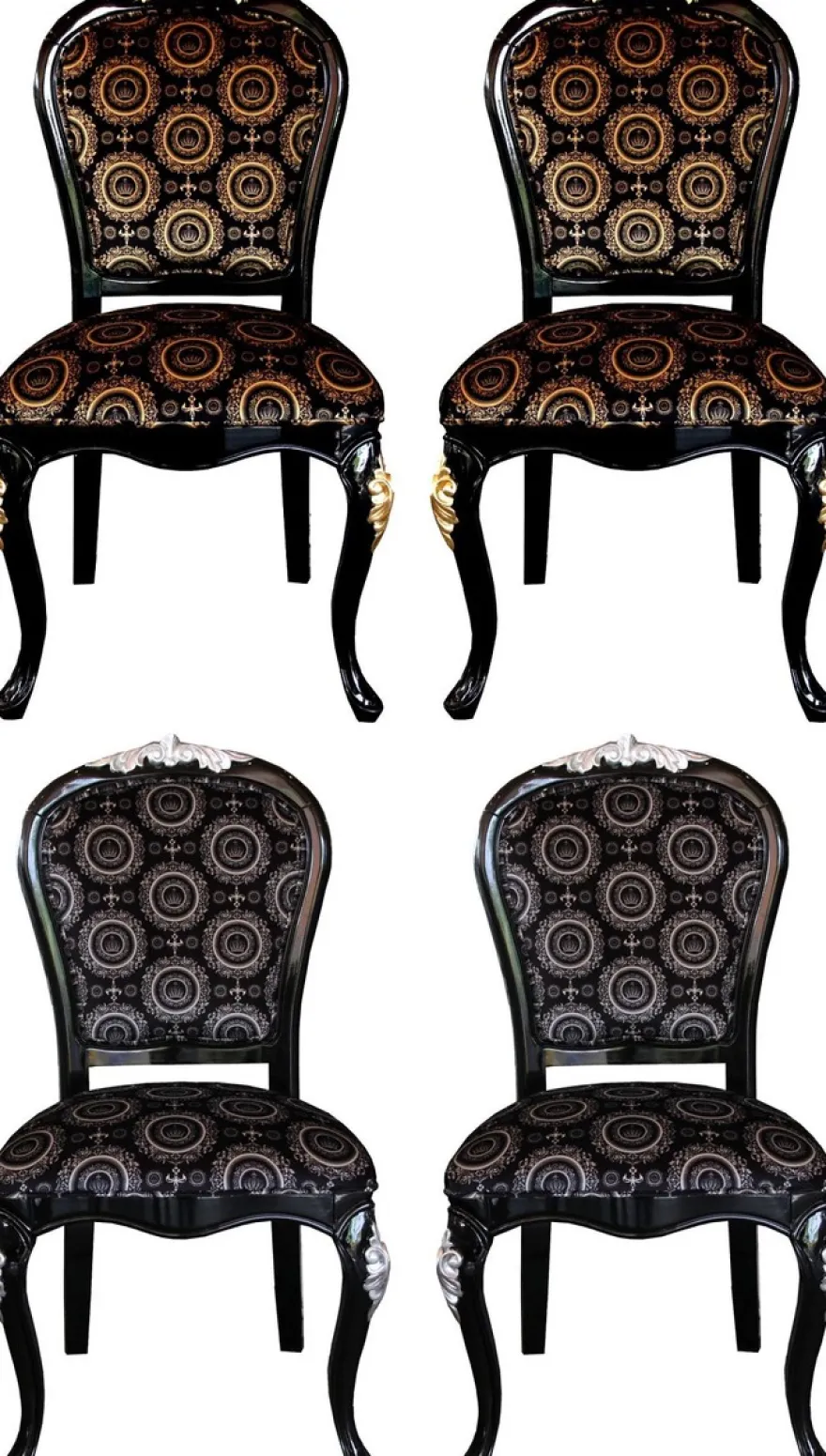 Pompöös by Casa Padrino Luxus Barock Esszimmer Stühle mit Krone Schwarz / Gold & Schwarz / Silber (4 Stühle) Harald Glööckler Möbel