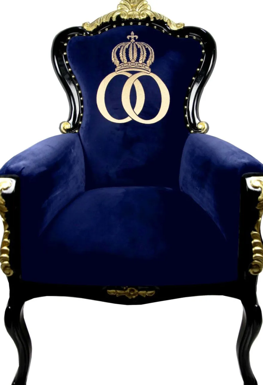 Pompöös by Casa Padrino Luxus Barock Sessel Bergere Blau / Schwarz / Gold mit Goldkrone - Pompööser Barock Sessel designed by Harald Glööckler