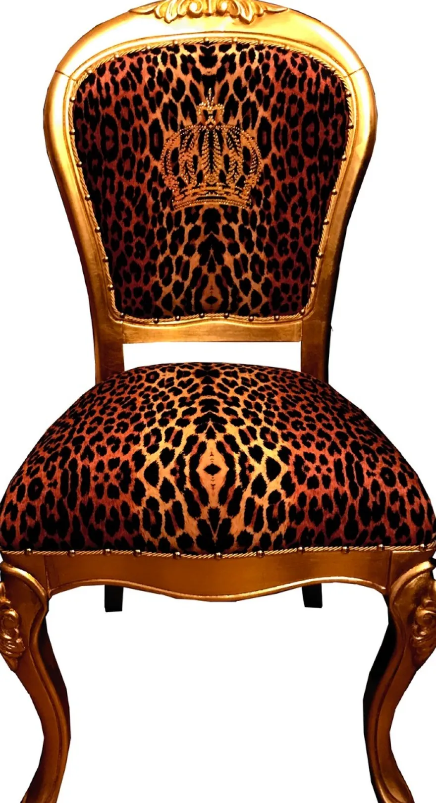 Pompöös by Casa Padrino Luxus Barock Esszimmerstühle Krone mit Glitzersteinen Leopard / Gold - Esszimmer Set - 6 Pompööse Barock Stühle designed by Harald Glööckler