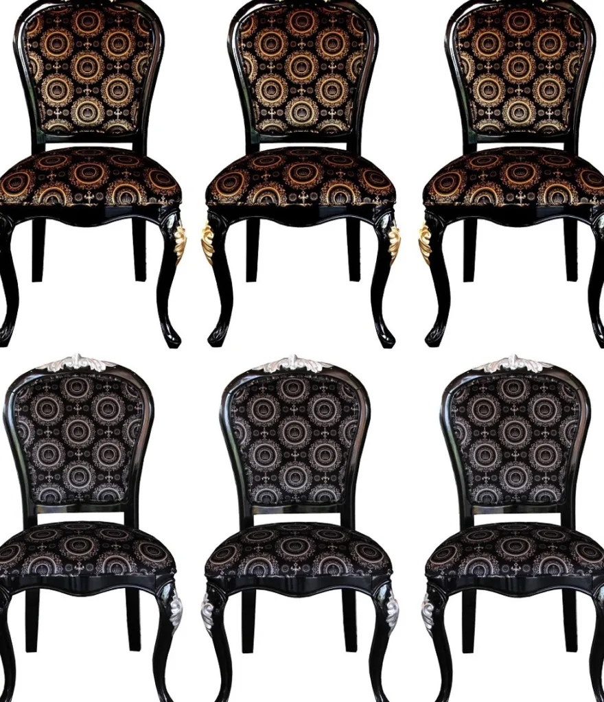 Pompöös by Casa Padrino Luxus Barock Esszimmer Stühle mit Krone Schwarz / Gold & Schwarz / Silber ( 6 Stühle) Harald Glööckler Möbel