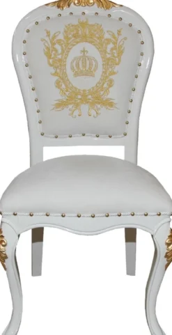 Pompöös by Casa Padrino Luxus Barock Esszimmerstühle mit Krone Weiß / Gold - Pompööse Barock Stühle designed by Harald Glööckler - 6 Esszimmerstühle - Barock Esszimmermöbel
