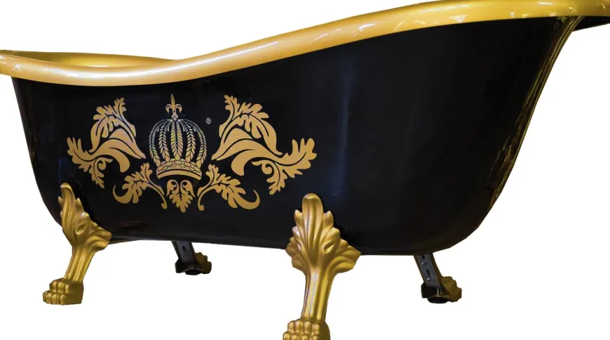 Pompöös by Casa Padrino Luxus Badewanne Deluxe freistehend von Harald Glööckler Schwarz / Gold / Gold 1695mm mit goldfarbenen Löwenfüssen