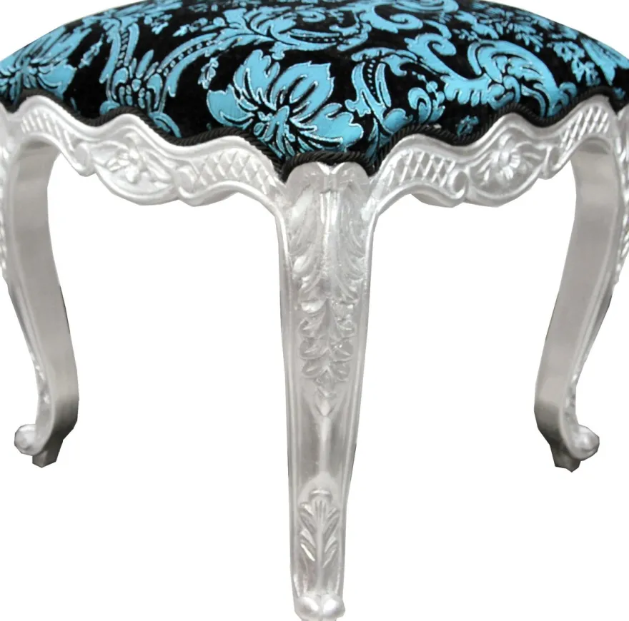 Pompöös by Casa Padrino Luxus Barock Sitzhocker Eckig Türkis Schwarz Muster / Silber - Pompööser Barock Hocker designed by Harald Glööckler