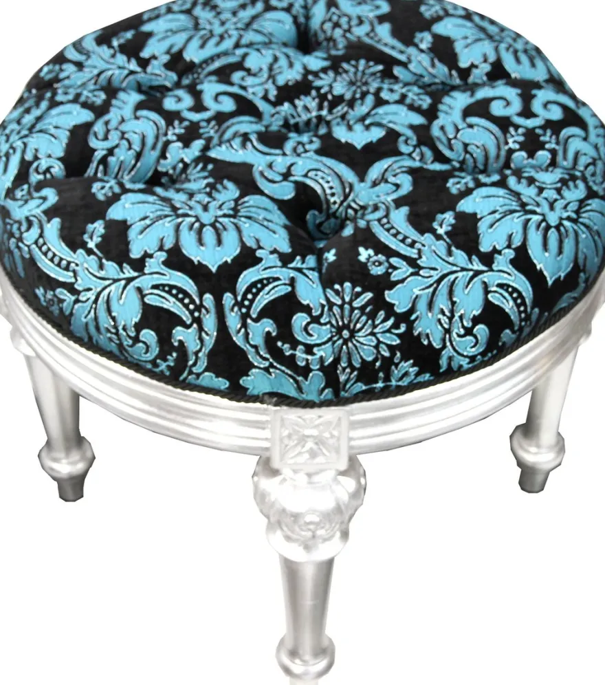Pompöös by Casa Padrino Luxus Barock Sitzhocker Rund Türkis Schwarz Muster / Silber - Pompööser Barock Hocker designed by Harald Glööckler