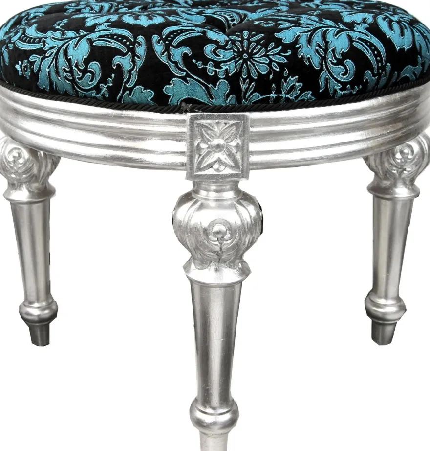 Pompöös by Casa Padrino Luxus Barock Sitzhocker Rund Türkis Schwarz Muster / Silber - Pompööser Barock Hocker designed by Harald Glööckler