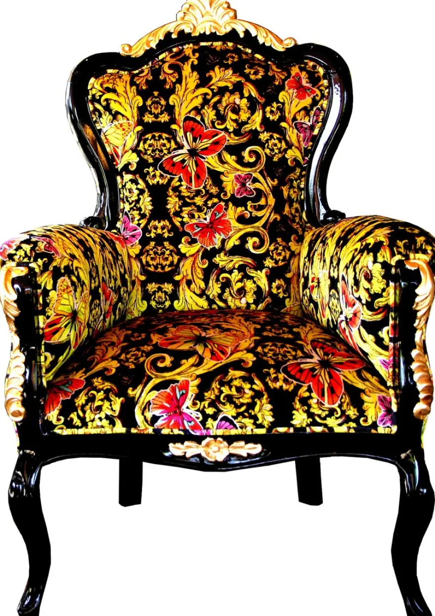 Pompöös by Casa Padrino Luxus Barock Sessel Bergere Butterfly & Flower Design / Schwarz / Gold - Pompööser Barock Sessel designed by Harald Glööckler B!