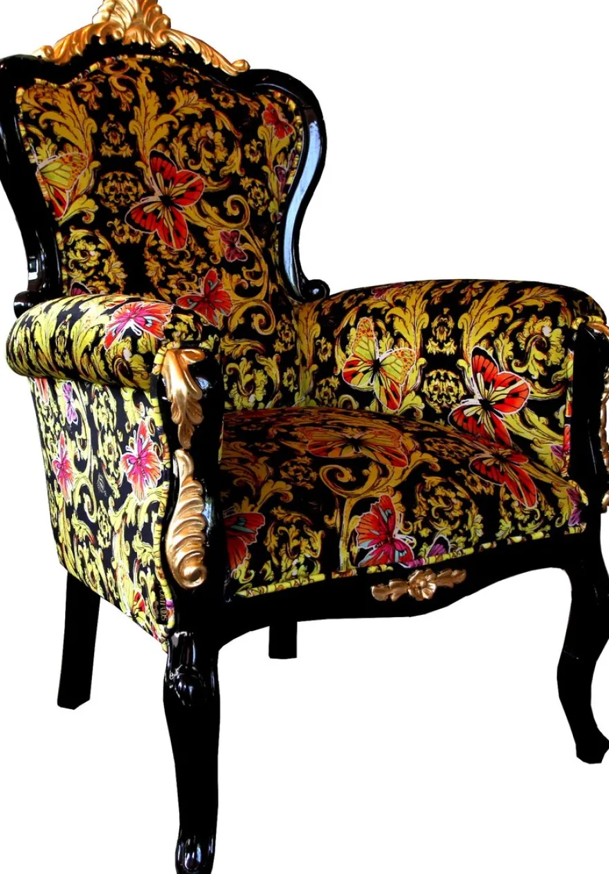 Pompöös by Casa Padrino Luxus Barock Sessel Bergere Butterfly & Flower Design / Schwarz / Gold - Pompööser Barock Sessel designed by Harald Glööckler B!