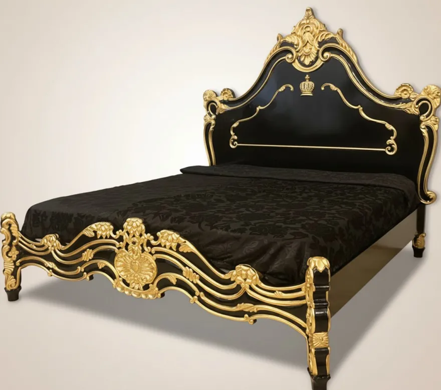 Pompöös by Casa Padrino Luxus Barock Doppelbett mit Matratze Schwarz / Gold - Pompööses Barock Bett designed by Harald Glööckler - Schlafzimmer Möbel im Barockstil - Barock Möbel - Edel & Prunkvoll