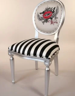 Pompöös by Casa Padrino Luxus Barock Esszimmerstühle Pink Lips Schwarz / Weiß Streifen / Silber - Pompööse Barock Stühle designed by Harald Glööckler - 4 Esszimmerstühle