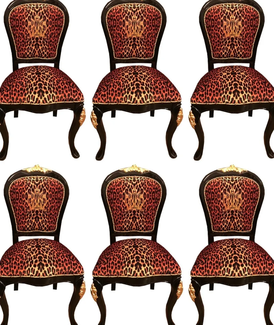 Pompöös by Casa Padrino Luxus Barock Esszimmerstühle Krone mit Glitzersteinen Leopard / Schwarz / Gold - Esszimmer Set - 6 Pompööse Barock Stühle designed by Harald Glööckler