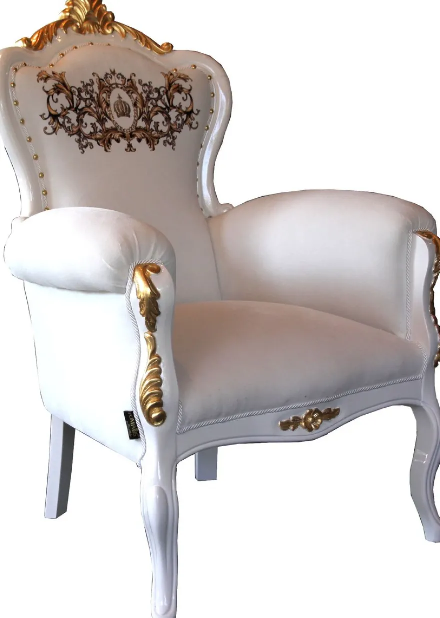 Pompöös by Casa Padrino Luxus Barock Sessel Bergere Weiß / Gold mit Glitzersteinen besetzt - Pompööser Barock Sessel designed by Harald Glööckler