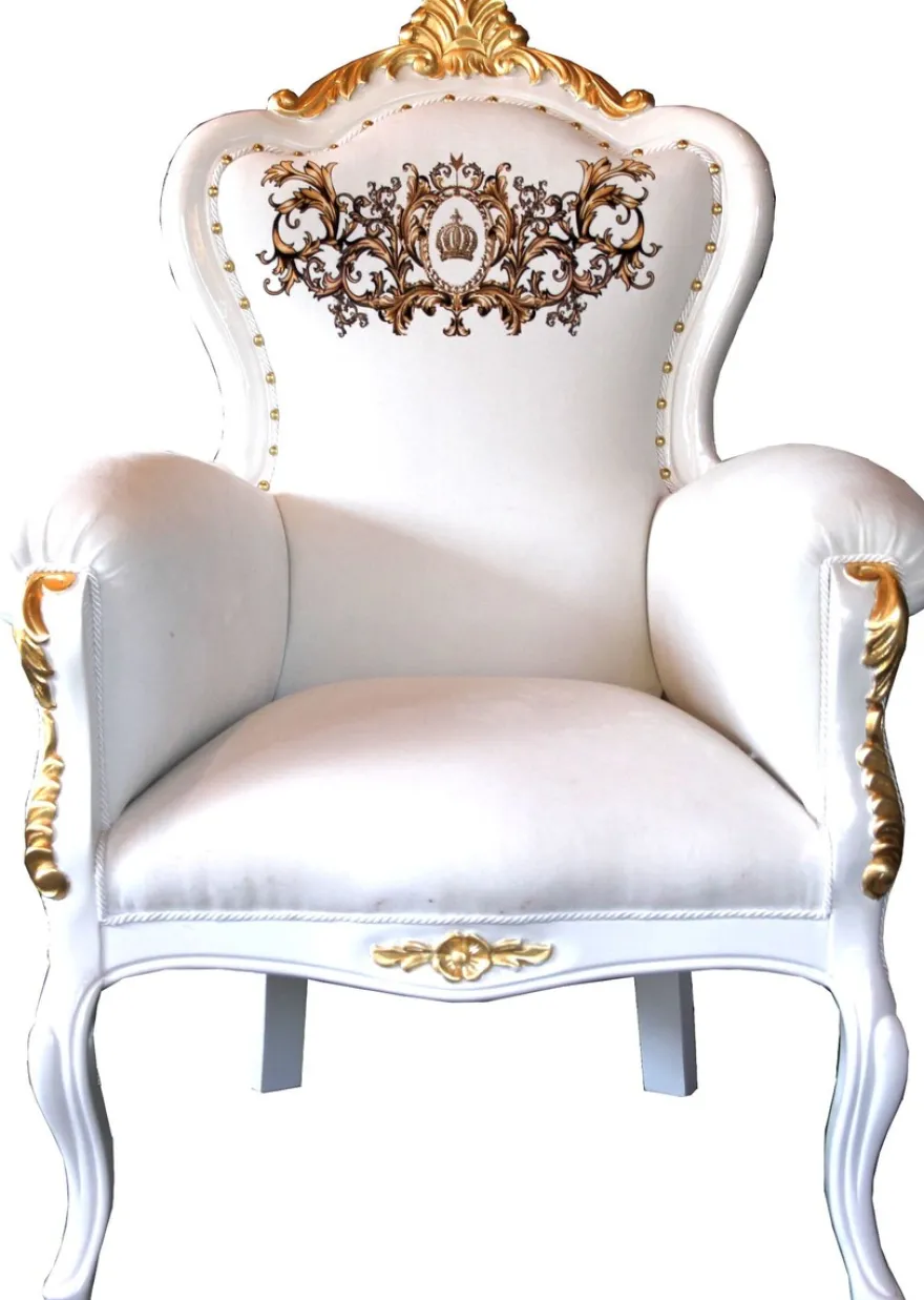 Pompöös by Casa Padrino Luxus Barock Sessel Bergere Weiß / Gold mit Glitzersteinen besetzt - Pompööser Barock Sessel designed by Harald Glööckler
