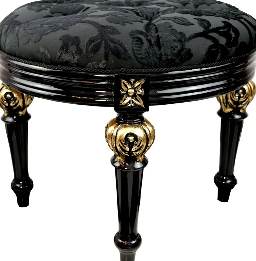 Pompöös by Casa Padrino Luxus Barock Sitzhocker Schwarz Rund Muster / Gold - Pompööser Barock Hocker designed by Harald Glööckler