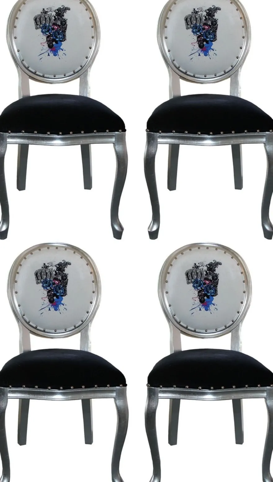 Pompöös by Casa Padrino Luxus Barock Esszimmerstühle Schwarz / Weiß / Silber 50 x 60 x H. 104 cm - Pompööse Barock Stühle designed by Harald Glööckler - 4 Esszimmerstühle