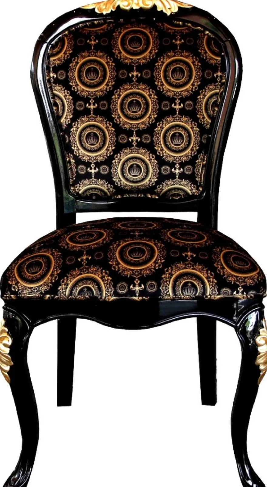 Pompöös by Casa Padrino Luxus Barock Esszimmerstühle mit Krone Schwarz / Gold - Pompööse Barock Stühle designed by Harald Glööckler - 4 Esszimmerstühle - Barock Esszimmermöbel