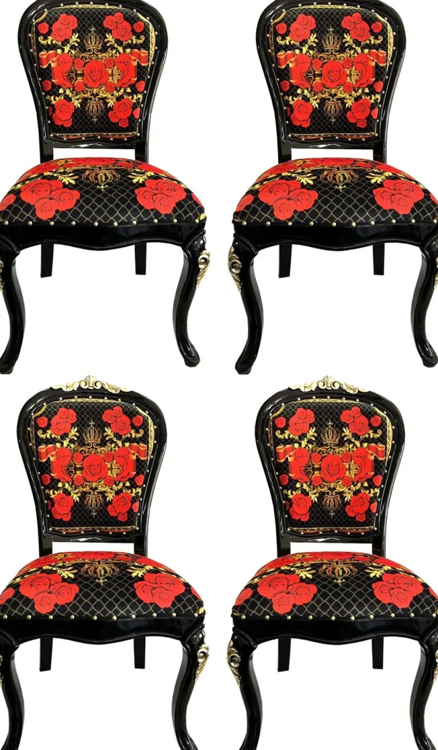 Pompöös by Casa Padrino Luxus Barock Esszimmerstühle Roses Schwarz / Rot / Gold - Esszimmer Set - 4 Pompööse Barock Stühle designed by Harald Glööckler