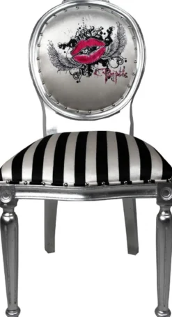 Pompöös by Casa Padrino Luxus Barock Esszimmerstühle Pink Lips Schwarz / Weiß Streifen / Silber - Pompööse Barock Stühle designed by Harald Glööckler - 6 Esszimmerstühle