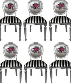 Pompöös by Casa Padrino Luxus Barock Esszimmerstühle Pink Lips Schwarz / Weiß Streifen / Silber - Pompööse Barock Stühle designed by Harald Glööckler - 6 Esszimmerstühle