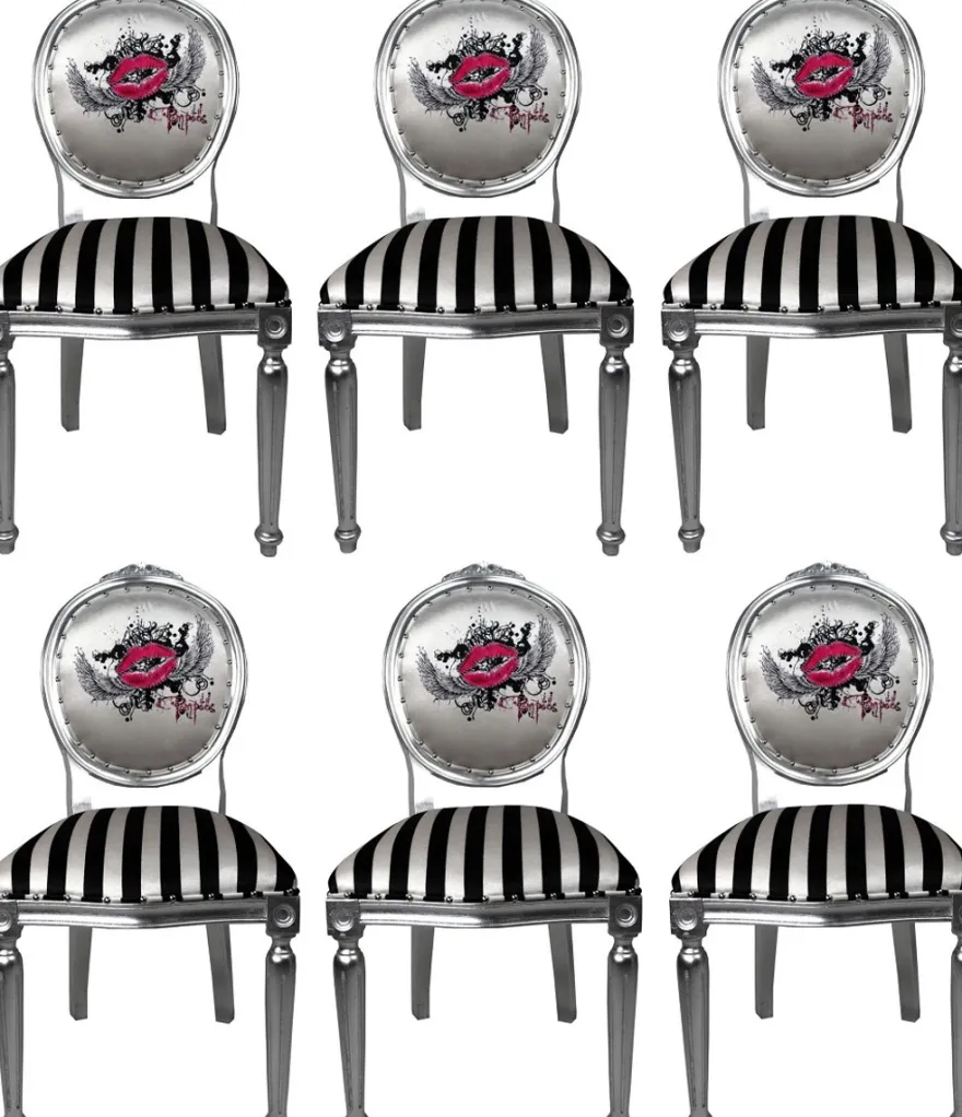 Pompöös by Casa Padrino Luxus Barock Esszimmerstühle Pink Lips Schwarz / Weiß Streifen / Silber - Pompööse Barock Stühle designed by Harald Glööckler - 6 Esszimmerstühle
