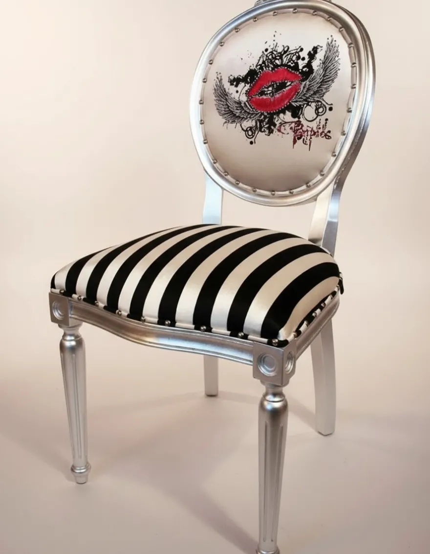 Pompöös by Casa Padrino Luxus Barock Esszimmerstühle Pink Lips Schwarz / Weiß Streifen / Silber - Pompööse Barock Stühle designed by Harald Glööckler - 6 Esszimmerstühle