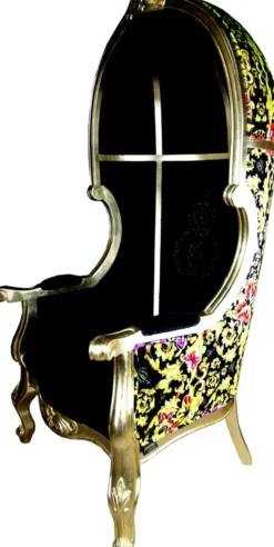 Pompöös by Casa Padrino Luxus Ballon Barock Sessel Schwarz / Gold / Butterfly & Flower Design mit glitzernder Krone - Pompööser Barock Sessel designed by Harald Glööckler