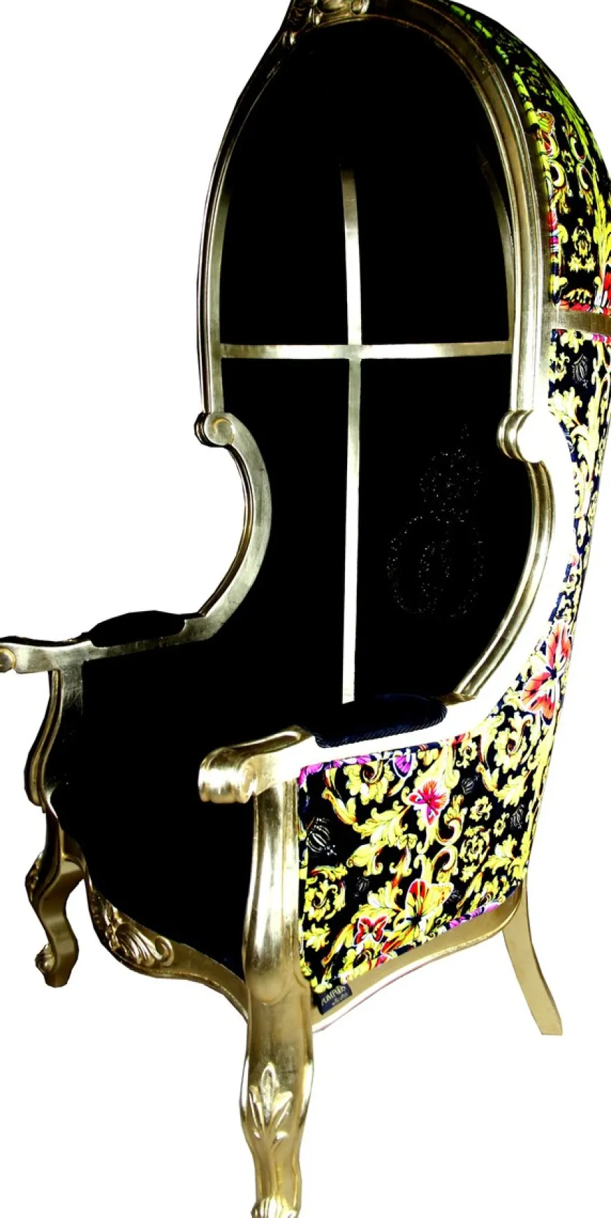 Pompöös by Casa Padrino Luxus Ballon Barock Sessel Schwarz / Gold / Butterfly & Flower Design mit glitzernder Krone - Pompööser Barock Sessel designed by Harald Glööckler