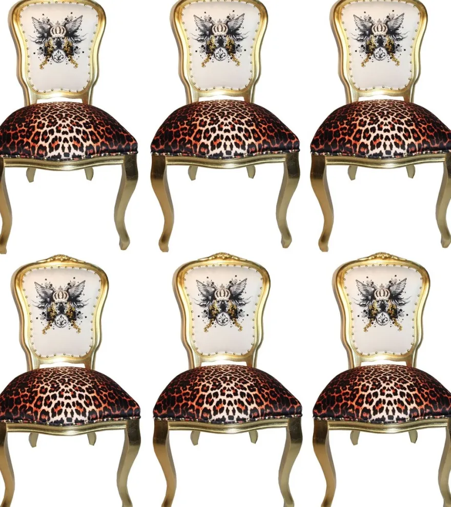Pompöös by Casa Padrino Luxus Barock Esszimmerstühle Glitzerkrone & Engelsflügel Leopard / Weiß / Gold 50 x 60 x H.104 cm - Pompööse Barock Stühle designed by Harald Glööckler - 6 Esszimmerstühle