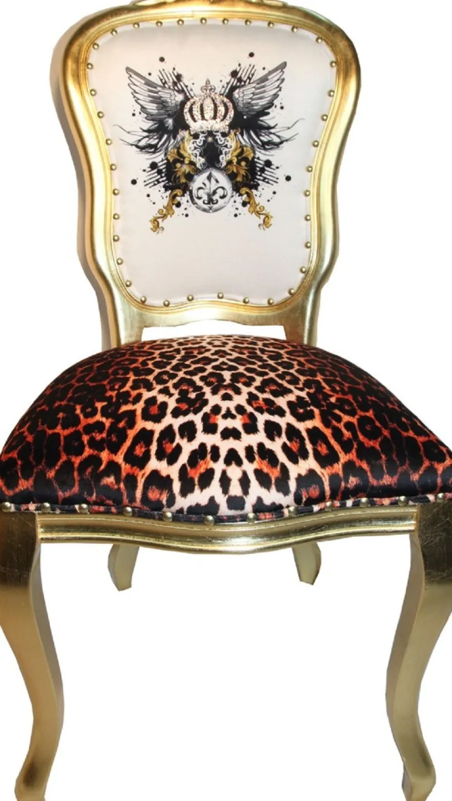 Pompöös by Casa Padrino Luxus Barock Esszimmerstühle Glitzerkrone & Engelsflügel Leopard / Weiß / Gold 50 x 60 x H.104 cm - Pompööse Barock Stühle designed by Harald Glööckler - 6 Esszimmerstühle