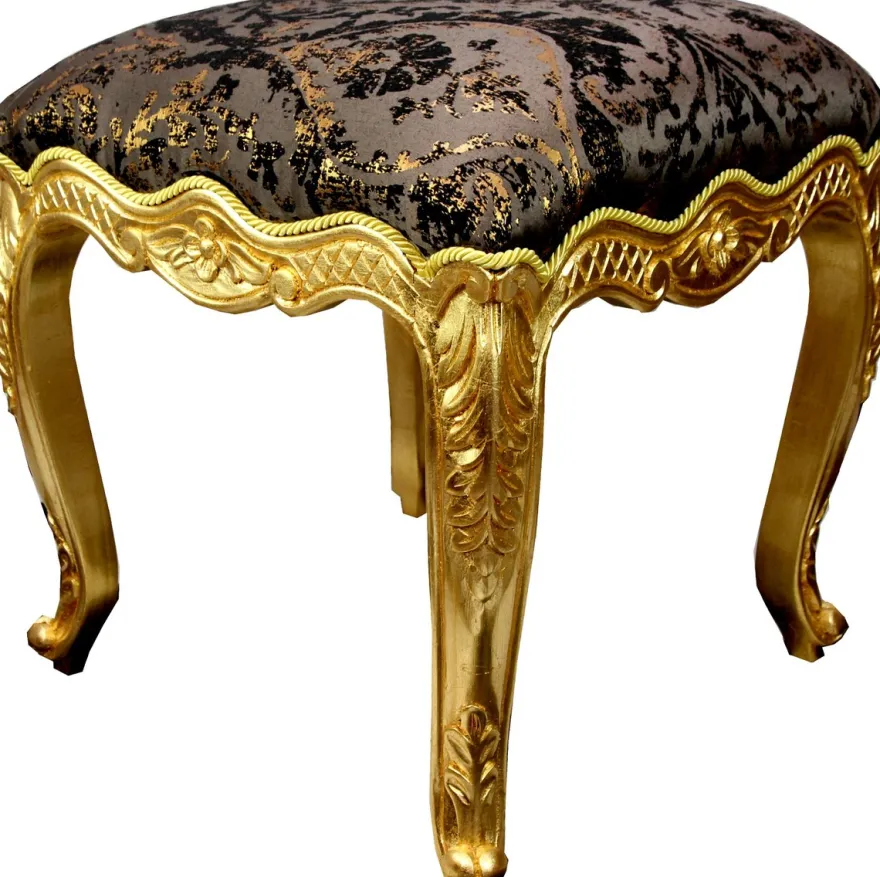 Pompöös by Casa Padrino Luxus Barock Sitzhocker Eckig Grau / Schwarz Muster / Gold - Pompööser Barock Hocker designed by Harald Glööckler